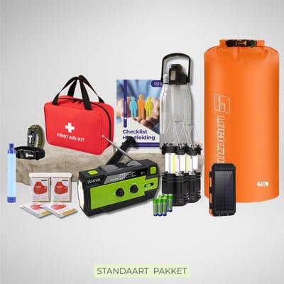 ISHIVA® Noodpakket Standaard – Waterfilterfles 2L + Drybag 75L + Noodradio & Kookoptie