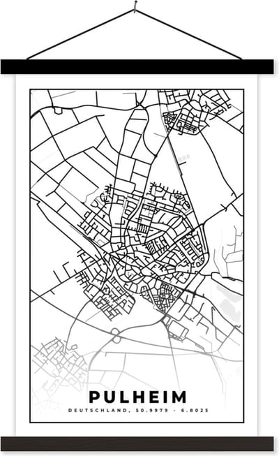 Posterhanger incl. Poster 40x60 cm - Schoolplaat - Kaart - Pulheim - Stadskaart - Plattegrond - Textielposter - Zwarte latten - Stadskaart