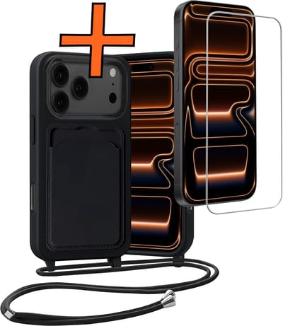 Hoesje Geschikt voor iPhone 17 Pro Max Hoesje Met Telefoonketting Pasjeshouder Case Met Screenprotector Koord - Hoesje Geschikt voor iPhone 17 Pro Max Hoes Met Kaarthouder - Zwart