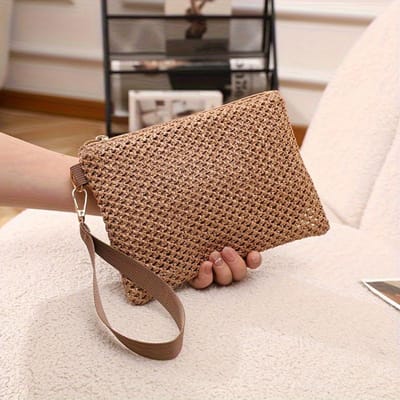 Stro Beach Clutch Uitgesneden Geweven Stro Clutch Mode Portemonnee Dames Handtas Met Rits Voor Kaart- En Muntvakjes, Sleuteltasje, Polsband Portemonnee beige