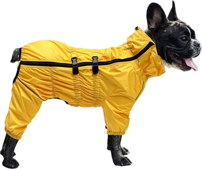 Hondenregenjas met hoge kraag, waterdicht en reflecterend, vierbenige regenoverall voor kleine en middelgrote honden, maat Large (rug: 40 cm), Geel