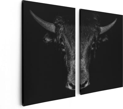 Artaza Canvas Schilderij Tweeluik Stierenkop - Stier - Zwart Wit - 80x60 - Foto Op Canvas - Canvas Print