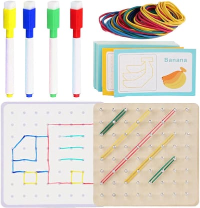 Geoboards Met Elastiekjes - Houten Puzzelbord - Vormen Maken - Bevordert Fijne Motoriek - 15x15cm - Houtkleur