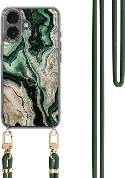 Casimoda® hoesje met koord - Geschikt voor iPhone 16 - Groen marmer / Marble - Afneembaar koord - TPU/polycarbonaat - Groen