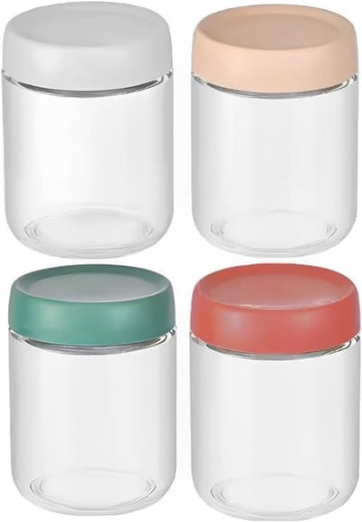 Set van 4 herbruikbare glazen potten met brede opening en schroefdeksels voor het bewaren van voedsel, ideaal voor overnight oats, saladedressings en jam maken