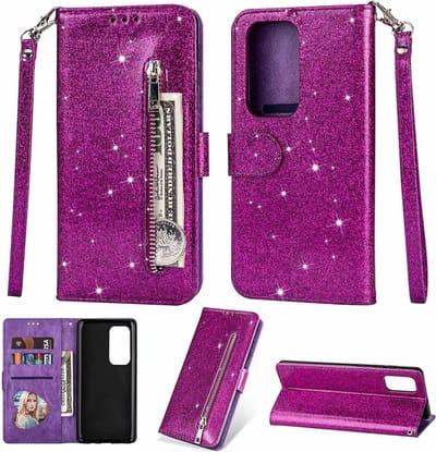 Portemonnee Hoesje - Wallet Case - Rits Sparkly Glitter - Telefoonhoes met Kord Geschikt voor: Oppo A57 4G & A57s - Paars