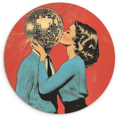 WallCircle® Wandcirkel 120x120 cm - Muurcirkel Vrouw - Retro - Discobal - Kus - Muurdecoratie woonkamer - Wanddecoratie slaapkamer - Kamer decoratie accessoires - Ronde schilderijen XXL