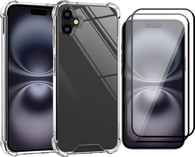 Hoesje geschikt voor iPhone 16 - 2x Screenprotector Volledig Dekkend Glas - Shockproof Transparant met Extra Hoekbescherming
