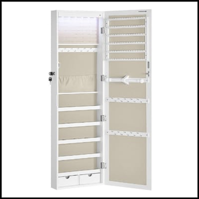 Sieradenkast met spiegel - Wandkast - Ophangbaar of aan de muur - 84 ringenvakken - 90 oorbelgleuven - 32 kettinghaken - 5 planken - 2 lades - 1 armbandstang - Met slot en sleutels