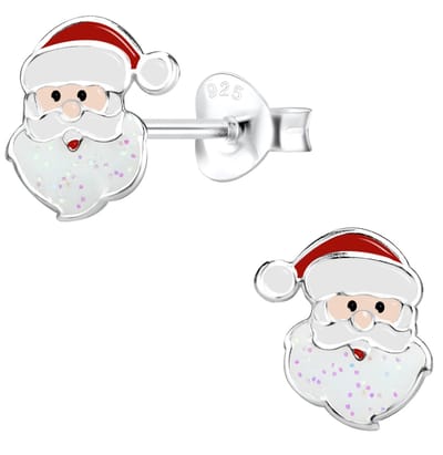 Joy|S - Zilveren kerstman oorbellen - 8 x 9 mm - met glittertjes - kerst oorknoppen - kinderoorbellen