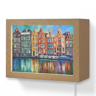 Wandlamp 20x15 cm - Oplaadbaar - Amsterdam - Olieverf - Gracht - Schilderij - Kunst - Wandlampen binnen woonkamer - Slaapkamer lamp met kabel - Decoratieve nachtlamp - Vloerlamp snoer