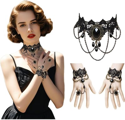 Gothic Steampunk Accessory Set Black Women's Lace Steampunk Gothic Accessories Vintage Lace Bracelet for Halloween Masquerade Easter Carnival Outfit