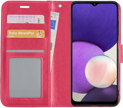 Hoesje - Met Pasjeshouder - Geschikt voor Samsung Galaxy M22 - Luxe Bookcase Portemonee - Flip Case - Kunstleer Book Case - Flipcase - Book Cover - Walletcase - Portemonneehoes - Donkerroze