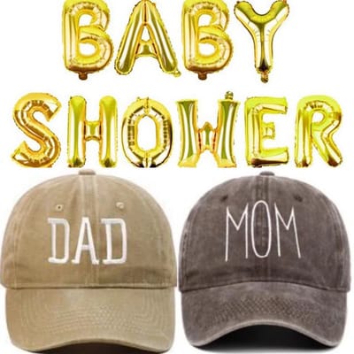 Babyshower set met 2 caps en 1 grote folie ballonnen slinger Babyshower goud - mom - dad - zwanger - geboorte - cap - babyshower - genderreveal - ballon - slinger
