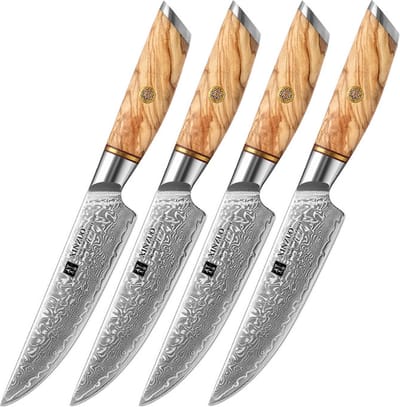 Xinzuo Steakmessen set van 73 laags Damascus staal - Ongeëvenaarde scherpte en uniek design - handvat van Olijfhout - Xinzuo B37 Lan Series