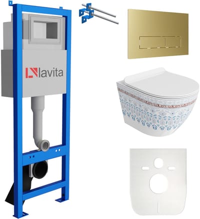 LAVITA® Inbouwreservoir Complete Toiletset LAV 101 - Inbouw WC Hangtoilet Wandcloset SOFI SLIM FOLKLOR - Bedieningsplaat 200.3.5 Gouden - Voorwandelement voor toilet 40cm - Installatiesysteem