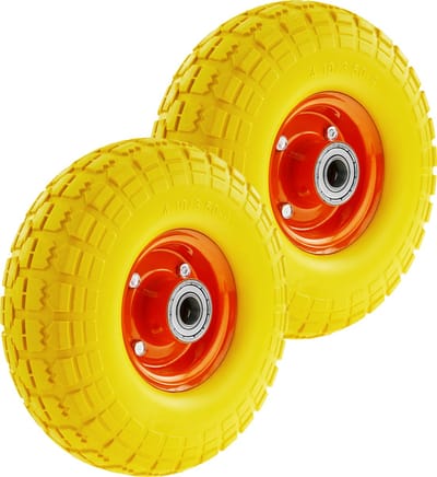 PrimeMatik - Massief Kruiwagenwiel geel 2-pack 120 Kg 10x3.5" 254x89 mm. Vervangende band voor transportplatform en trolleys