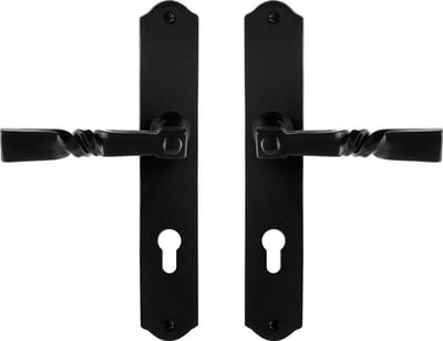 Deurkruk op schild - Smeedijzer zwart - Gietijzer - GPF - GPF6245.60 smeedijzer zwarte Deurklink Nokka op PC72, 238x41x4mm