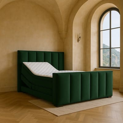 Boxspring Amalfi Elektrische verstelbaar met Luxe Pocketvering Stof 140x210 cm donkergroen Gratis 2x Hoofdkussens