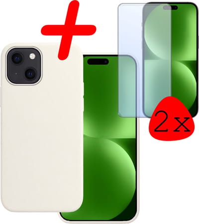 Hoesje Met 2x Screenprotector - Geschikt voor Apple iPhone 15 - Sterk & Shockproof - Back Cover - Siliconen Case - Telefoon Hoes - Wit