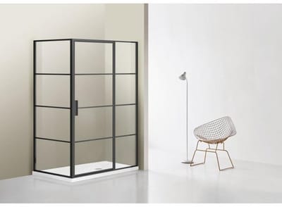 FugaFlow Efficiente Vetro douchecabine 100x100cm met vast paneel veiligheidsglas frame lines aan buitenzijde met anti kalk zwart mat -