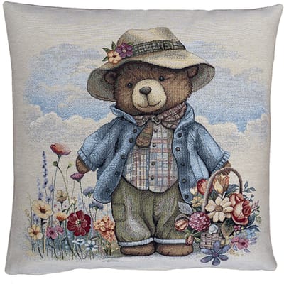 Kussenhoes - Luxe gobelinstof - Beer in bloemenveld - 45 cm