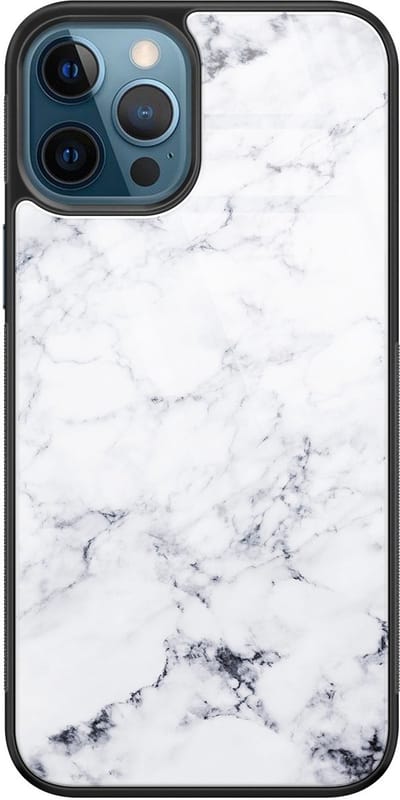 Hoesje geschikt voor iPhone 12 - Marmer grijs - Luxe Glazen Hardcase - Marmer - Grijs - Leuke Telefoonhoesjes