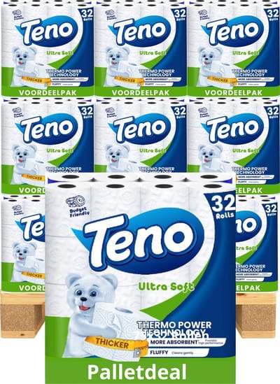 Teno - Super zacht - 2400 Rollen Toiletpapier - 75 Pakken van 32 Rollen Duurzaam WC Papier - Pluisvrij & Sterk - Palletvoordeel - Voordeelverpakking WC Papier