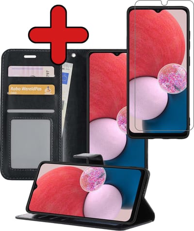 Hoesje - Met Screenprotector - Geschikt voor Samsung Galaxy A13 5G - Luxe Pasjeshouder - Flipcase - Bookcase Portemonee - Flip Case - Kunstleer Book Case - Book Cover - Walletcase - Portemonneehoes - Telefoonhoes - Zwart