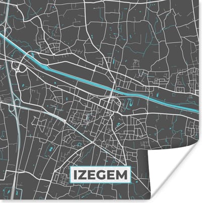 Poster Plattegrond – Izegem – Blauw – Stadskaart - Kaart - 100x100 cm XXL