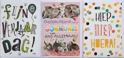 3 Wenskaarten - Gefeliciteerd met je Communie + Hiep Hiep Hoera + Fijne Verjaardag - 12 x 17 cm – COM-302