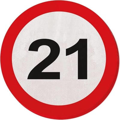 60x 21 jaar leeftijd themafeest servetten verkeersbord 33 cm rond - 21e verjaardag papieren wegwerp tafeldecoraties