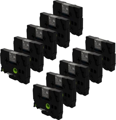 DULA Brother Compatible label tape- Tze-125 - 10 cassettes - Brother P-Touch - Wit op transparant - 9mm x 8m