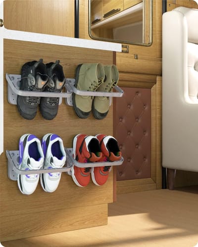 Famanu inklapbare schoenenhouder, wandmontage, 4 stuks, schoenenrek, inklapbaar schoenenrek, hangend rek voor schoenen, opbergrek voor schoenen, wandrek voor schoenen, zonder boren, 4 stuks, grijs