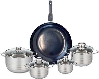Set van 1 Koekenpan 32 cm en 4 kookpotten 12, 14, 16 en 20 cm Elo Prima Glanzend