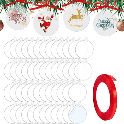 50 Stuks Transparante Acryl Kerstballen Disc Ornamenten voor Versiering van de Kerstboom en Feestjes, Met Lint en Lege Schijf (7.5 cm)