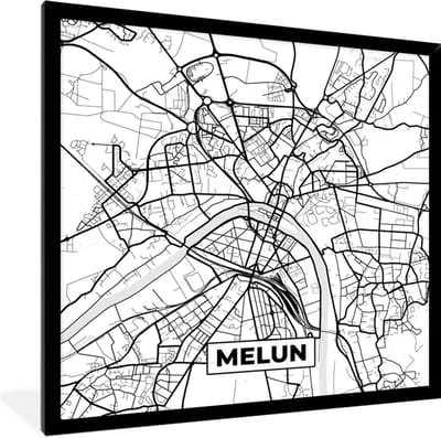 Fotolijst incl. Poster Zwart Wit- Kaart – Melun - Stadskaart – Frankrijk – Plattegrond - Zwart wit - 40x40 cm - Posterlijst