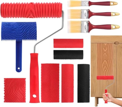 11 stuks Houtnerf Schilder Tool Set – Houtnerfroller met handvat – Houtnerf Roller Structuur Rolle - Gereedschap voor houtnerfstructuren – Houtnerfstempel – Ideaal voor doe-het-zelf wand- en meubeldecoratie – Rood