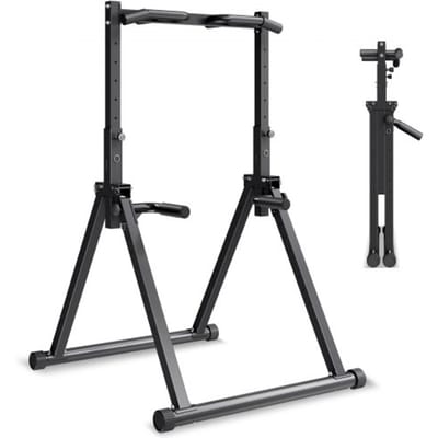 VEVOR Opvouwbare Pull-up Bar/Power Dip Station met een draagvermogen van 150 kg, driehoekige structuur en robuuste stalen buis, 9-voudig in hoogte verstelbaar, voor arm- en rugkrachttraining, zwart
