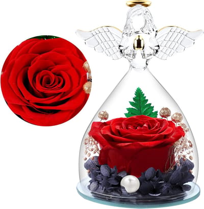 Eeuwige Roos Engel - Bloem Decoratie - Cadeau Vrouw - Natuurlijke Planten - 13x12x13 cm - Rood