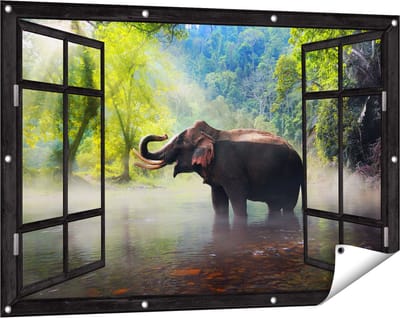 Gards Tuinposter Doorkijk Olifant in het Water - 120x80 cm - Tuindoek - Tuindecoratie - Wanddecoratie buiten - Tuinschilderij