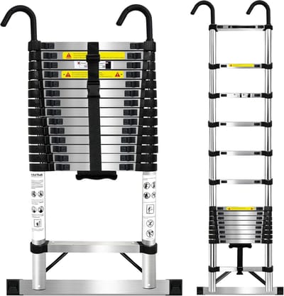 Telescopische Ladder - Uitschuifbare Klapladder - Veilig Klussen - Roestvrij Staal Constructie - 6.3 Meter Hoog - Zilverkleurig