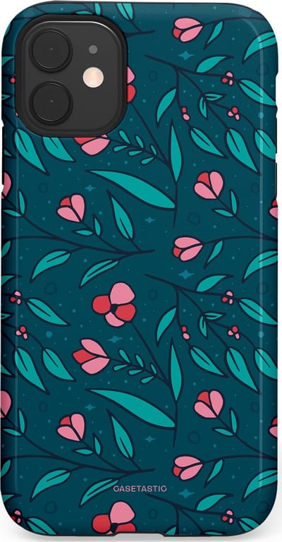 Casetastic hoesje geschikt voor Apple iPhone 11 - Dubbellaagse bescherming - Blauwe Groene Bloemenpracht - Fashion Case - Petrol Donkergrijs