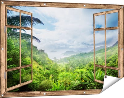 Gards Tuinposter Doorkijk Jungle Uitzicht op de Seychellen - 120x80 cm - Tuindoek - Tuindecoratie - Wanddecoratie buiten - Tuinschilderij