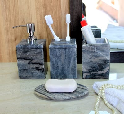 Badkamer Accessoireset gemaakt van natuursteen - Badaccessoires set van 4 inclusief Zeepdispenser, Tandenborstelhouder, Tumbler en Zeepschaal (grijs)