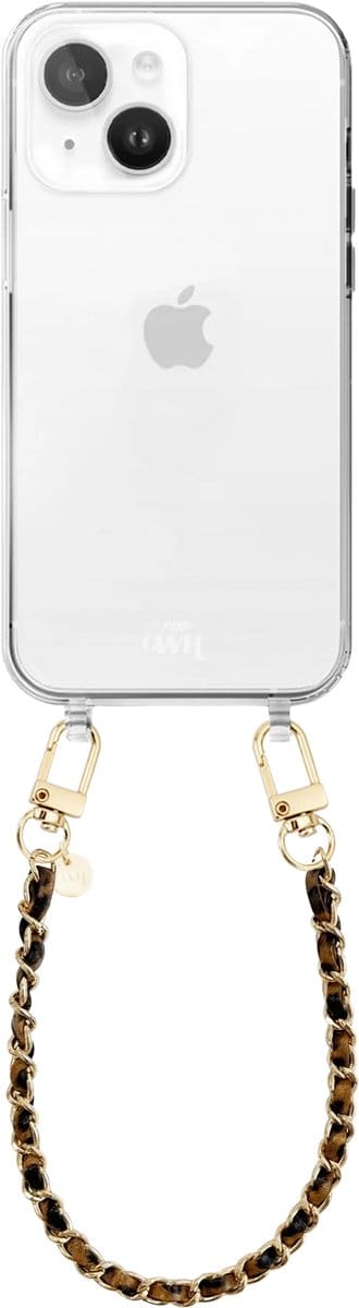 xoxo Wildhearts siliconen hoesje geschikt voor iPhone 15 Plus - Classic Chain - Leopard (kort koord) - Telefoonhoesje - Hoesje met koord - Schakelketting - Kort telefoonkoord - Luipaardprint met goud - Transparant hoesje