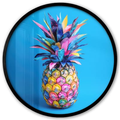 Poster in lijst Rond - Fotolijst 40x40 cm - Posters - Ananas - Blauw - Tropisch - Vrolijk - Ronde posterlijst zwart - Decoratie - Wanddecoratie woonkamer - Muurdecoratie slaapkamer