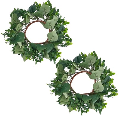 2 stuks kunstkaarsslingers, kaarsenringen met bladeren, groene zomerplanten, stof, planten met bladeren, boho-stijl, rustieke slingers, kolomhouders, slingers, ringen