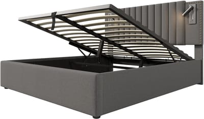 COVREO Bedframe 140x200 cm grijs stof met opbergruimte met matras