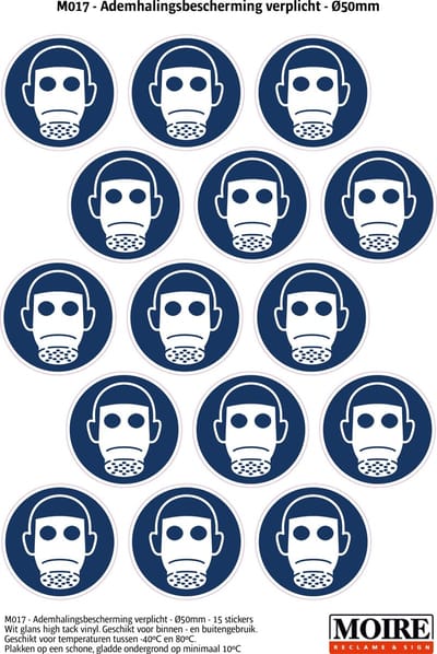 Pictogram sticker 75 stuks M017 - Ademhalingsbescherming verplicht - 50 x 50mm - 15 stickers op 1 vel
